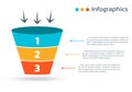 Sale funnel, conversion cone, marketing chart or diagram template with 3 steps or levels. Business pyramid design for infographic.